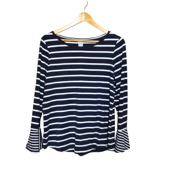 Chico’s Navy Blue White Striped Mini Bell Sleeve Long Sleeve Size 1 ( Medium) - Picture 1 of 6